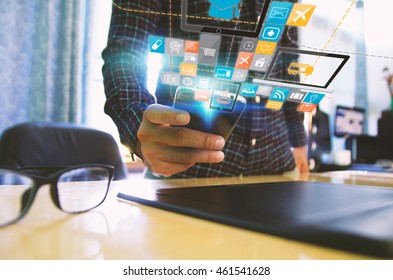 Hand touch screen smart phone.Digital technology concept,Social media,social network - Shutterstock ID 461541628