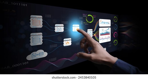 Hand touch with virtual screen. artificial intelligence software engineer coding with technology icons and binary code, big data, Ai bot digital machine