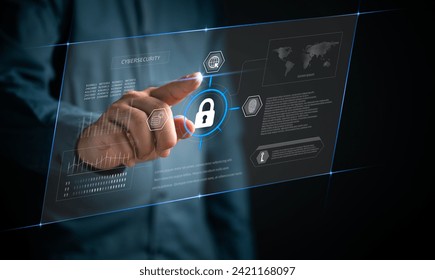 Hand touch virtual screen with an interactive cybersecurity interface featuring a padlock symbol, digital protection methods.