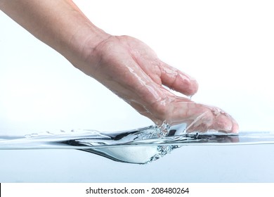 Hand Touch Water Surface On White Background