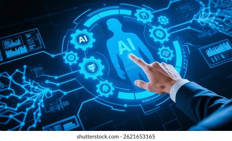 A hand touches an artificial intelligence hologram representing technology and innovation, with circuit board designs visible.