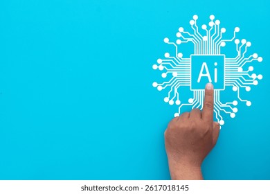 Hand Touching AI Chip with Circuit Board Pattern on Blue Background use for artificial intelligence, machine learning, modern technology, digital transformation, AI innovation keyword.