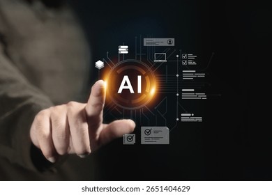 Hand touching AI digital interface, artificial intelligence, futuristic technology, innovation, business solution, data processing, modern concept.