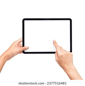 Hand Touching Black Tablet Pad Screen with black tablet computer, isolated on white background. Hand pointing scrolling screen presentation Mockup. - Shutterstock ID 2377516481