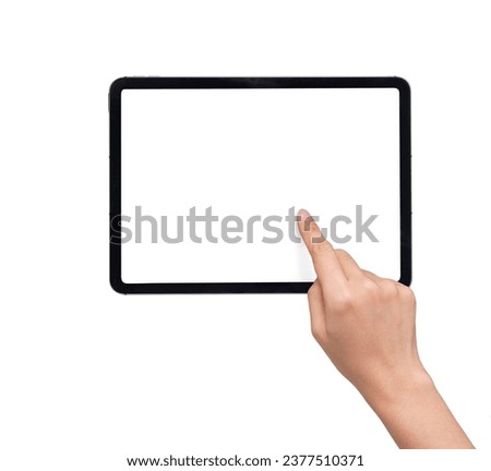 Hand Touching Black Tablet Pad Screen with black tablet computer, isolated on white background. Hand pointing scrolling screen presentation Mockup.