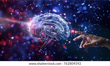 Hand touching brain and network connection on glitter bright lights colorful  background
