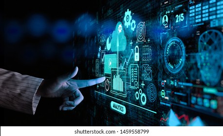 Hand Touching Business Data Analytics Process Management With KPI Financial Charts And Graph And Automated Marketing Dashboard.