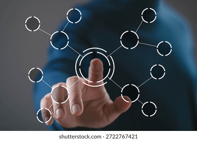 Hand touching central node of connected digital network interface. Concept of system integration, data connectivity, network structure, digital ecosystem, technology solution, information management.