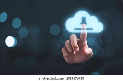 Hand touching cloud computing with download sign symbol for technology transformation and sharing concept.