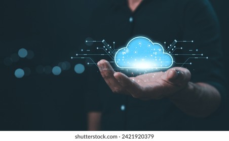 Hand touching cloud computing with download sign, cloud computing diagram shown in technology storage concept, symbol for technology transformation and sharing concept. Cloud computing concept.