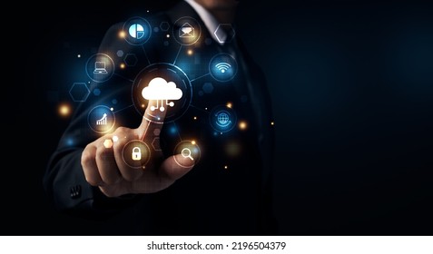 Hand touching cloud computing icons, Computer system resources and data storage, Cloud service technologies concept.