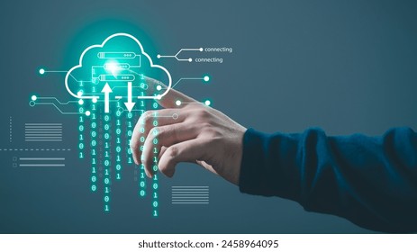 hand touching cloud icon, Cloud computing concept, Backup Storage Data Internet, networking and digital, Share global, technology concept.