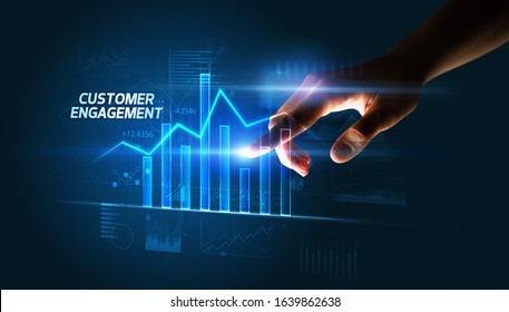 Hand touching CUSTOMER ENGAGEMENT button, business concept