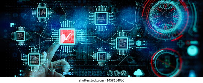 Hand touching with Data Management System (DMS) and Business Analytics concept with servers connected to dashboard. 