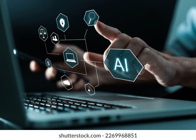 Hand touching digital chatbot for provide access to information and data in online network, robot application and global connection, AI, Artificial intelligence, innovation and technology