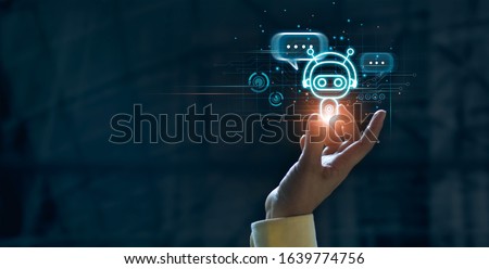 Hand touching digital chatbot for provide access to information and data in online network, robot application and global connection, AI, Artificial intelligence, innovation and technology.