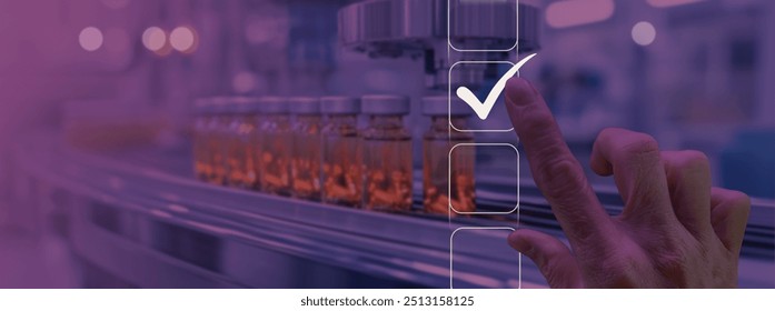 a hand touching a digital checkmark interface, symbolizing quality control or approval. The background shows vials on a production line in a pharmaceutical or medical setting - Powered by Shutterstock