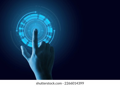 Hand touching digital hud virtual futuristic technology interface showing touch screen futuristic concept