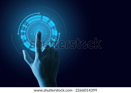 Hand touching digital hud virtual futuristic technology interface showing touch screen futuristic concept