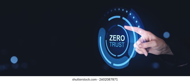 Hand touching digital interface with zero trust security concept on dark background, symbolizing network security and data protection in business