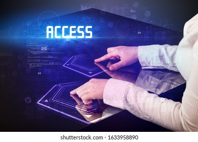 Hand touching digital table with ACCESS inscription, new age security concept