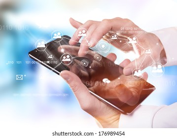 hand touching digital tablet, modern technology concept