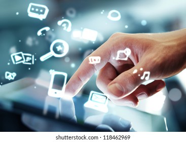 hand touching digital tablet, social media concept