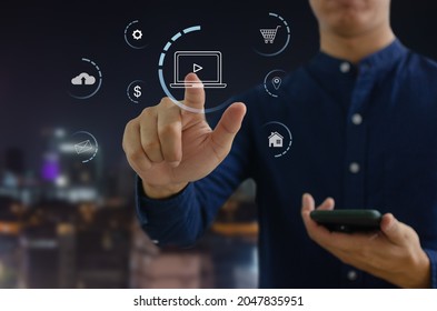 Hand touching digital virtual screen marketing concept icon business.