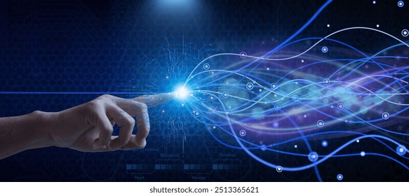 A hand touching the fastest global data network structure, representing future technology and high-speed internet connectivity in a digitally connected world focused on secure data and AI-driven 