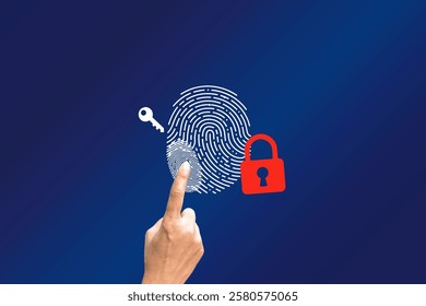 A hand touching a fingerprint scanner with a digital lock and key symbol, representing biometric security, fingerprint authentication, and data protection. Ideal for cybersecurity and access control c