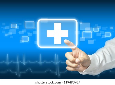 Hand touching first aid sign - abstract medical background - Shutterstock ID 119493787