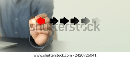 Hand touching forward arrow on backward arrow for change way financial business competition direction transformation to growth and changing mindset to leadership innovator innovation concept.