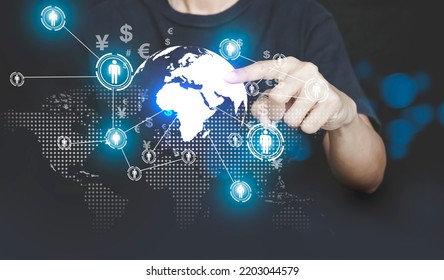 Hand Touching Touching Global And Icon Customer Network Connection On Virtual Screen. Management To Describe The Selection Of Leaders And Staff. Enterprise Resource Planning ERP