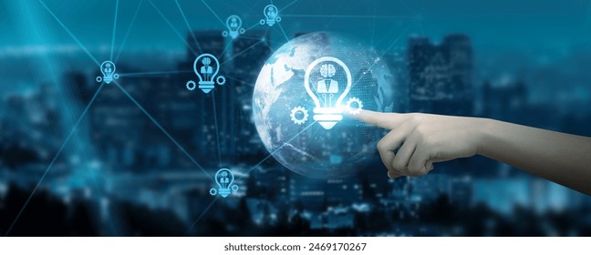 Hand Touching global network connection on a holographic display, pulsing with data streams from around the world, unlocking a realm of boundless opportunities for innovative business ideas.