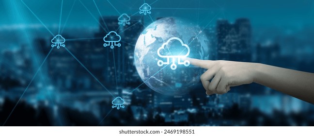 Hand Touching global network connection on cloud computing, transforming industries, economies, and societies through its seamless, scalable, and futuristic infrastructure.
