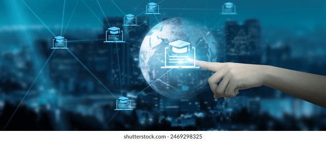 Hand Touching global network connection on e-learning, technology and futuristic platforms. - Powered by Shutterstock
