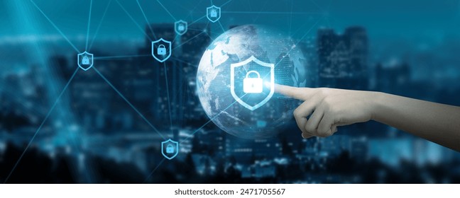 Hand touching global network connection on "cybersecurity", "data encryption", "firewalls", "biometric authentication", "blockchain", "AI algorithms", technology and futuristic "protection".