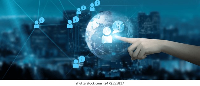 Hand Touching global network connection on information, communication, data, collaboration, technology, and futuristic innovation, heralds a new era in the interconnected world. 
