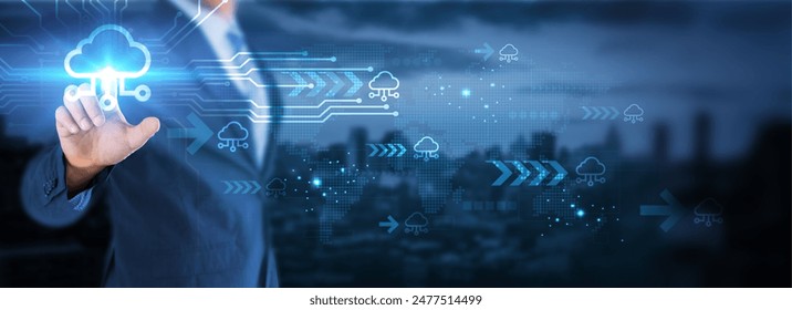 Hand touching global network connection on cloud computing, innovation, artificial intelligence, data integration, cybersecurity, technology and futuristic advancements. - Powered by Shutterstock