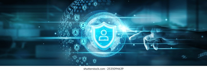 Hand touching global network connection and authorization processes, securing data, ensuring access control, and managing permissions. - Powered by Shutterstock - Get 15% off with code: PIKWIZARD15