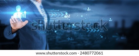 Hand touching global network connection on futuristic technology enables business development.