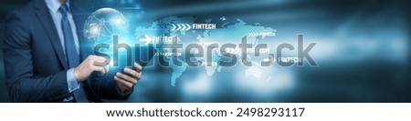 Hand touching a global network connection with technology and futuristic elements, symbolizing Fintech, innovation, and digital transformation in finance.