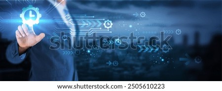 Hand touching global network connection on time, efficiency, productivity, scheduling, coordination, technology, and futuristic innovations. Focus on effective time management .