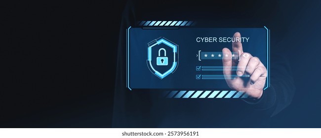 Hand touching holographic cybersecurity shield with digital password input, futuristic style, on dark background, concept of data protection