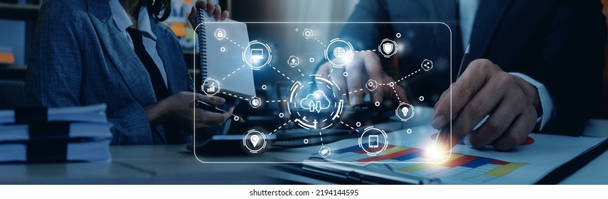 Hand touching infographic cloud computing and technology icons , cloud technology is centralize collect lifestyle and confidential information such as internet banking , password and shopping. - Shutterstock ID 2194144595