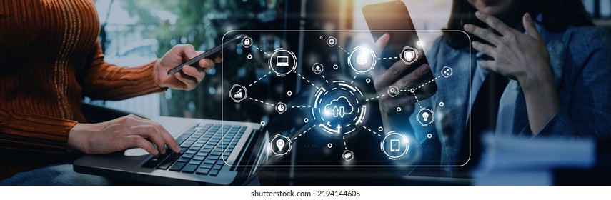 Hand touching infographic cloud computing and technology icons , cloud technology is centralize collect lifestyle and confidential information such as internet banking , password and shopping. - Shutterstock ID 2194144605