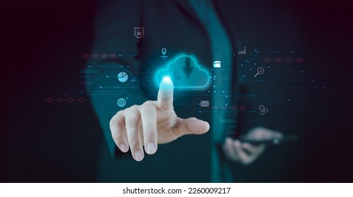 Hand touching infographic cloud computing and technology icons , iot, centralize collect lifestyle and confidential information, digital internet banking. Global network of metaverse database system.
