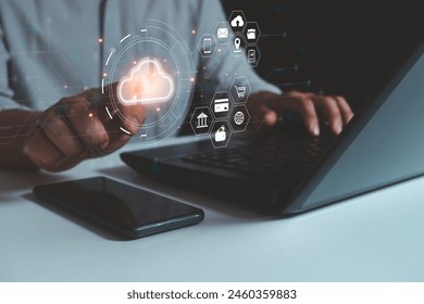 Hand touching infographic cloud computing and technology icons, cloud technology is centralized collect lifestyles and confidential information such as internet banking, password and shopping.