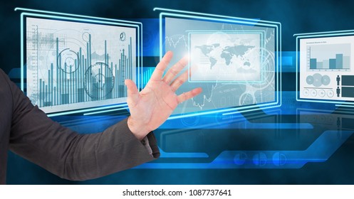 Hand touching and interacting with Image of technology interface panels