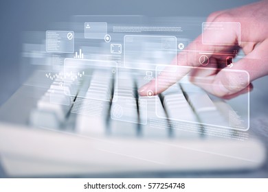 Hand touching keyboard with high tech button screen